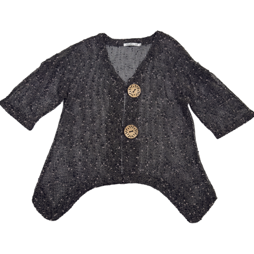 LULU B Boucle Mesh Topper Jacket Sheer Wood Button Lagenlook Boho Black Size M - Picture 3 of 14